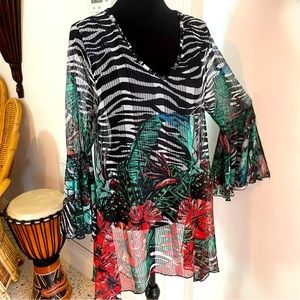Dor Dor Couture Tunic Dress or Top or Beach Coverup! Swing! Floral design. XL